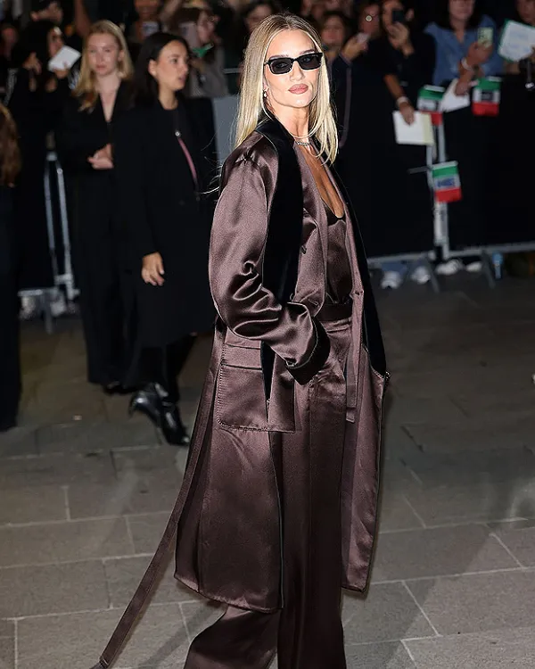 Paris Fashion Week Rosie Huntington Whiteley Satin Coat