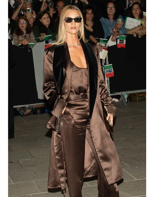 Paris Fashion Week Rosie Huntington Whiteley Satin Coat