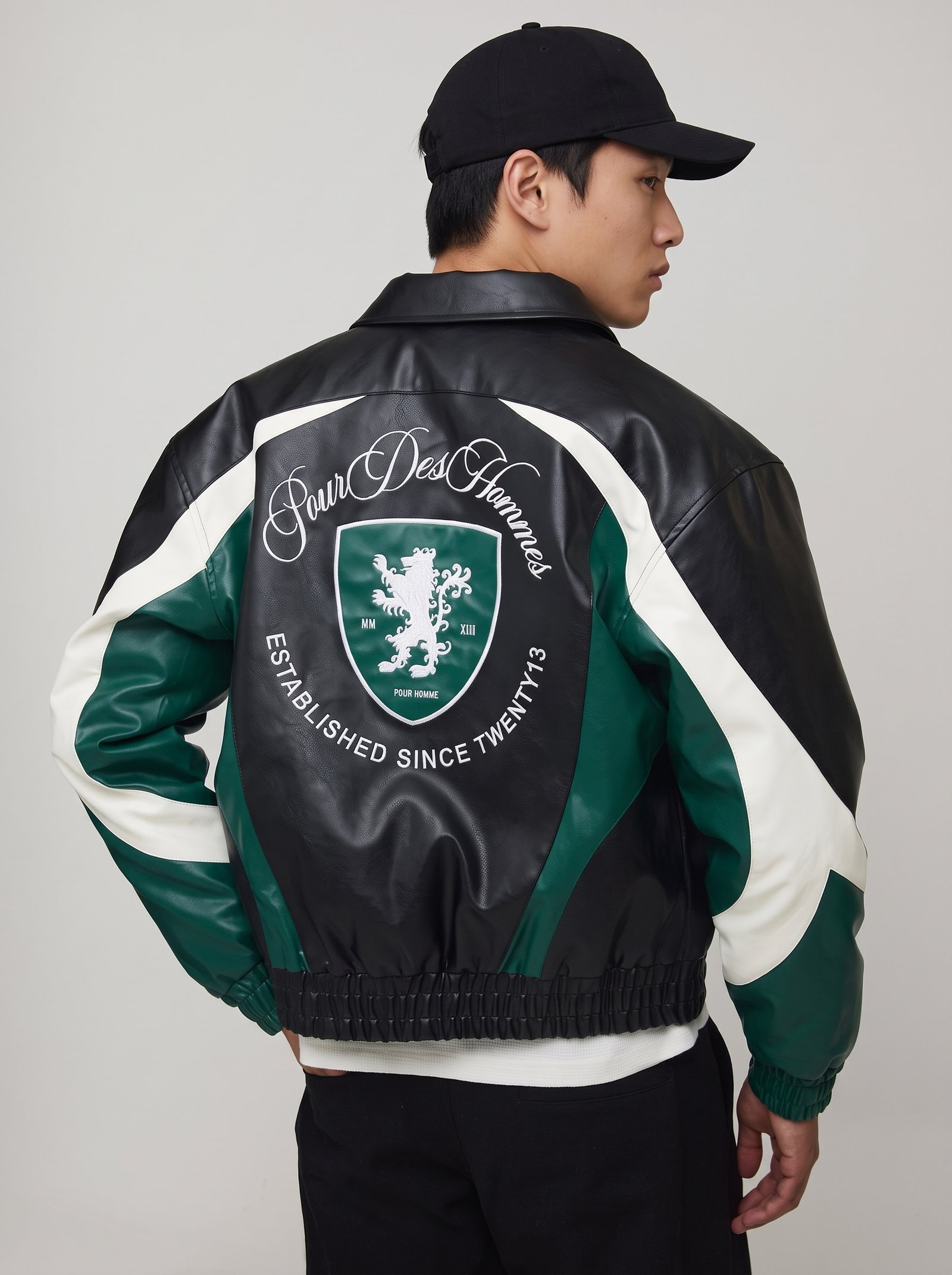 Pour Des Hommes Colorblock Leather Varsity Jacket