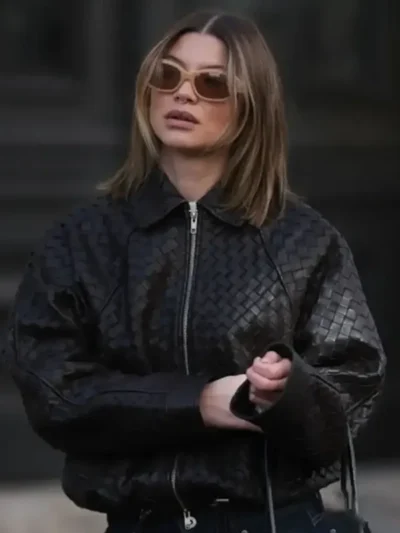Sophia Geiss Woven Texture Black Leather Jacket