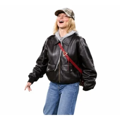 Sydney Sweeney Black Leather Bomber Jacket