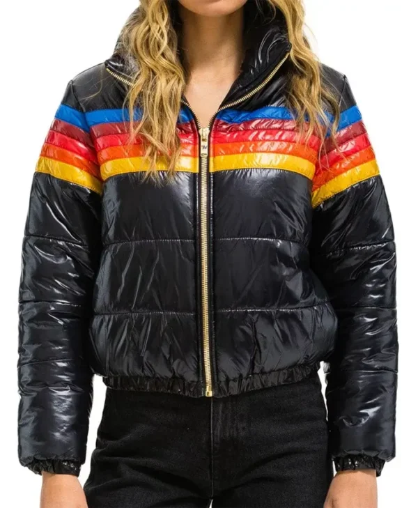 Ted Lasso Rebecca Lowe Stripes Rainbow Puffer Jacket