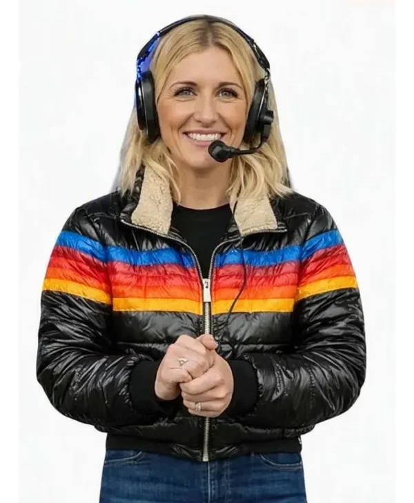 Ted Lasso Rebecca Lowe Stripes Rainbow Puffer Jacket