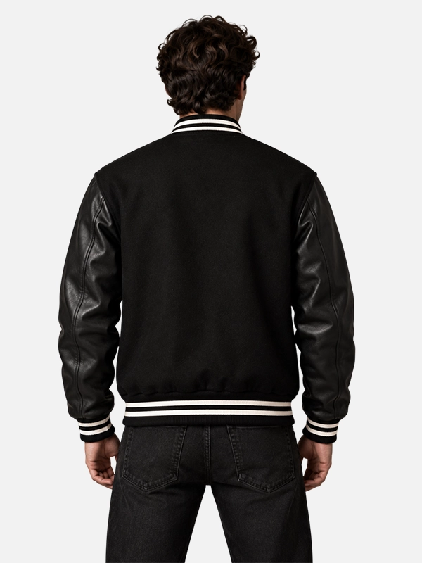 Unisex Monochromatic Black Letterman Bomber Jacket