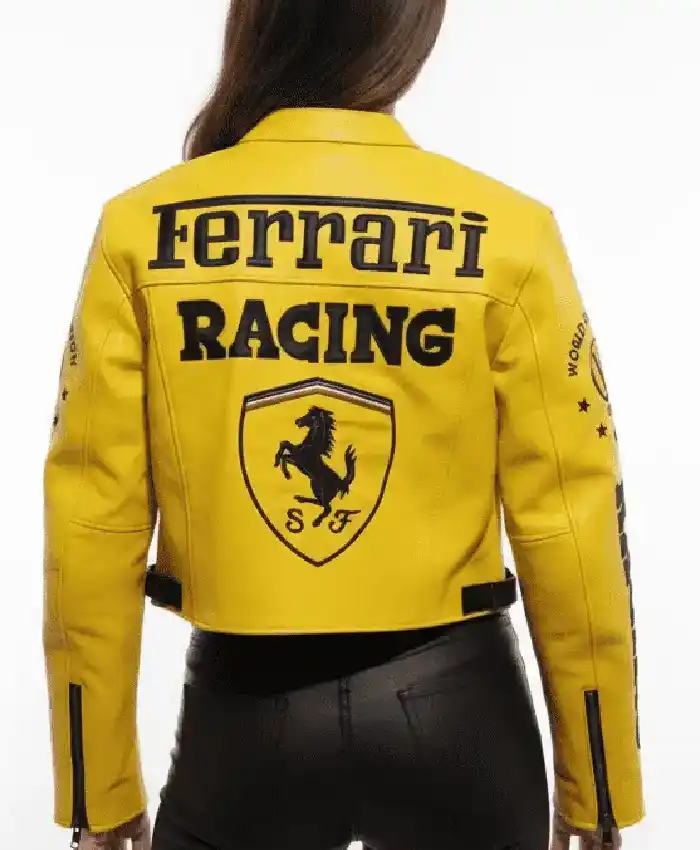 Women Ferrari Yellow Cropped Racing Jacket