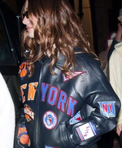 Women Hailey Bieber Zip Up Knicks Leather Jacket
