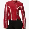 Women Red High Collar Leather Biker Jacket