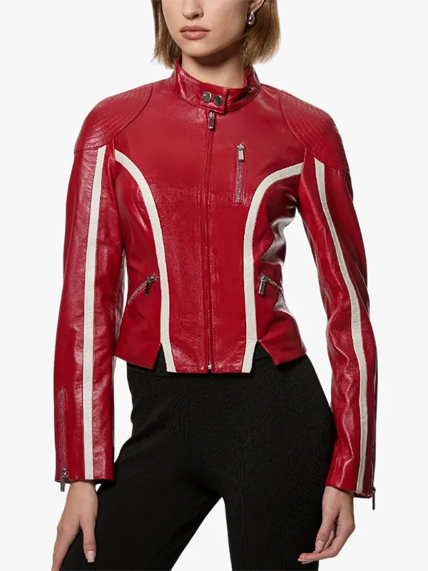 Women Red High Collar Leather Biker Jacket