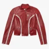 Women Redline Bolt High-Collar Red Leather Biker Jacket