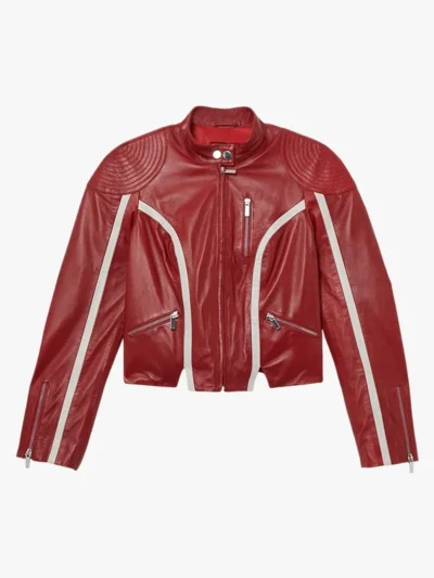 Women Redline Bolt High-Collar Red Leather Biker Jacket